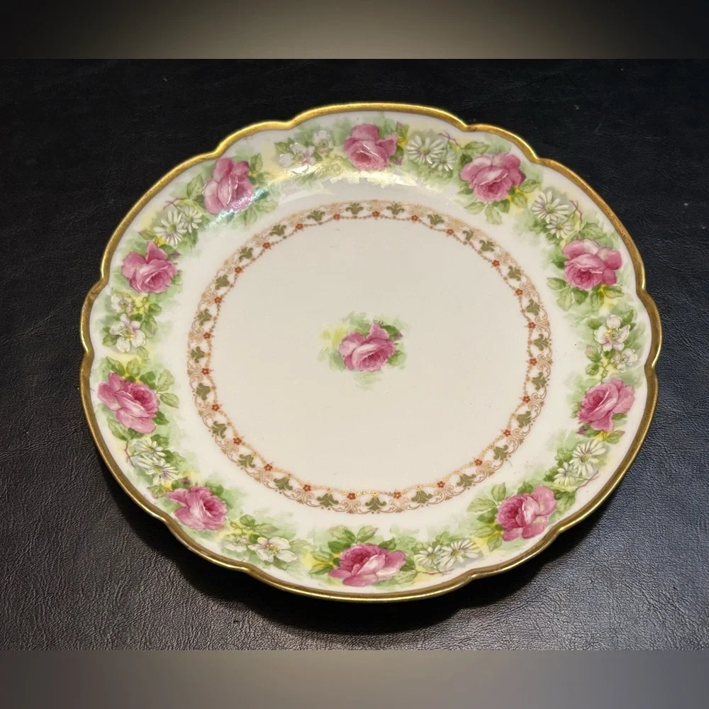 Antique Coronet Limoges France Hand Painted Pink Roses Plate Gold Gilt Scalloped